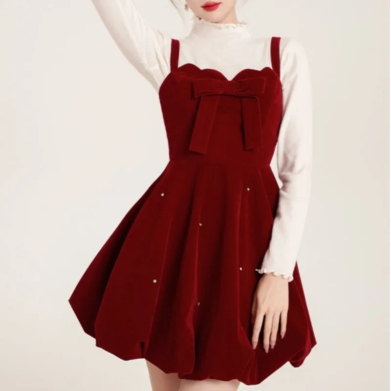 Conjunto de dos piezas navideño para mujer, suéter liso, corte A, terciopelo, vestido corto sin mangas, moda coreana, otoño, nuevos conjuntos