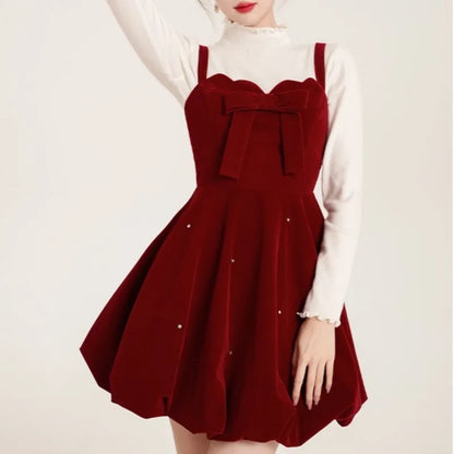 Conjunto de dos piezas navideño para mujer, suéter liso, corte A, terciopelo, vestido corto sin mangas, moda coreana, otoño, nuevos conjuntos