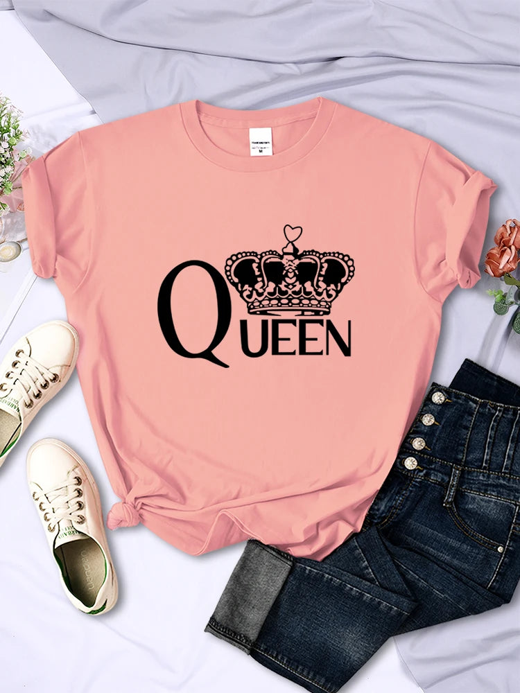 Camisetas con estampado de la gran corona de la reina para mujer, camisetas transpirables de verano de manga corta, ropa de hip hop urbana, camisetas casuales de cuello redondo para mujer