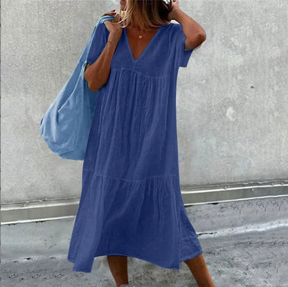 Vestidos midi de lino y algodón de color liso para mujer, moda informal, cuello en V, mangas cortas, sueltos, estilo sencillo, para ir al trabajo.