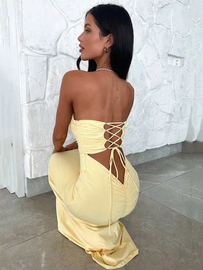 Vestido largo sin tirantes, con espalda descubierta y cordones para mujer, nuevo vestido de verano sin mangas con hombros descubiertos, ajustado, para fiesta y club.