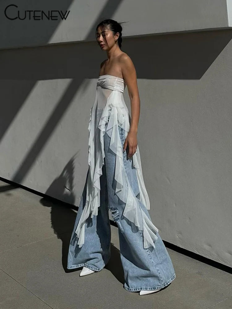 Summer Solid Sexy Off-Shoulder Women Crop Top  Casual Tube Strapless Streetwear Long Ruched Club Party Lady Tank Top