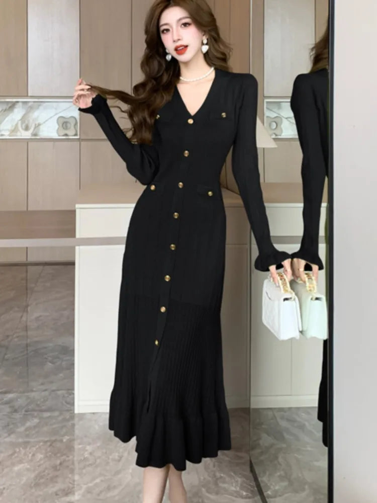 Vestidos de punto lisos de otoño para mujer, elegantes vestidos de oficina informales con mangas acampanadas, dobladillo con volantes y botonadura sencilla