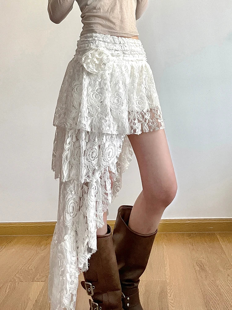 Falda de encaje asimétrica para vacaciones de verano para mujer, con lazo floral, estilo bohemio chic.