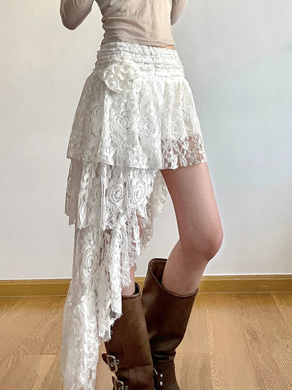 Falda de encaje asimétrica para vacaciones de verano para mujer, con lazo floral, estilo bohemio chic.