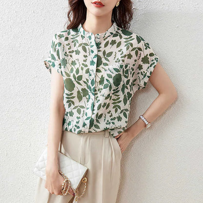 Blusas de verano para mujer, blusas informales de manga corta con cuello alto y estampado floral, SP1498