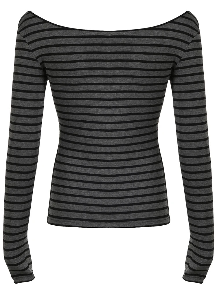 Camiseta básica japonesa ajustada de manga larga a rayas con hombros descubiertos y cuello redondo, estilo callejero coreano, camiseta gris Y2K para primavera y otoño para mujer