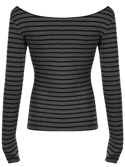 Camiseta básica japonesa ajustada de manga larga a rayas con hombros descubiertos y cuello redondo, estilo callejero coreano, camiseta gris Y2K para primavera y otoño para mujer