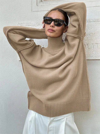 Suéter de cuello alto de punto de invierno para mujer, ropa holgada informal con retazos acanalados, suéter de manga larga de gran tamaño, prendas de punto para mujer