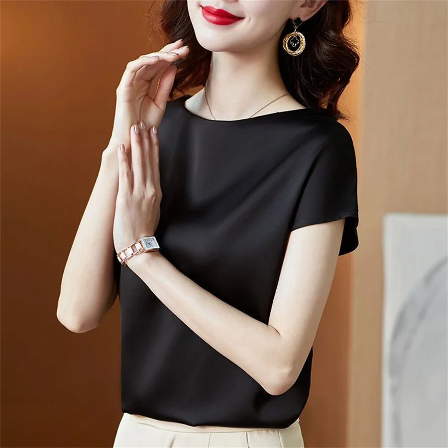 Blusas de oficina de verano de manga corta con cuello redondo, blusa de satén, camisas para mujer, camisas casuales lisas y holgadas, blusas DF4904