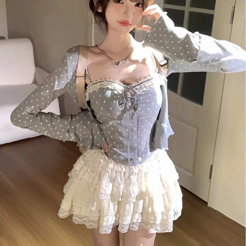 Conjunto de falda de 3 piezas para mujer, cárdigan con tirantes finos, minifalda estilo pastel, estilo coreano Y2K Kawaii, novedad de otoño
