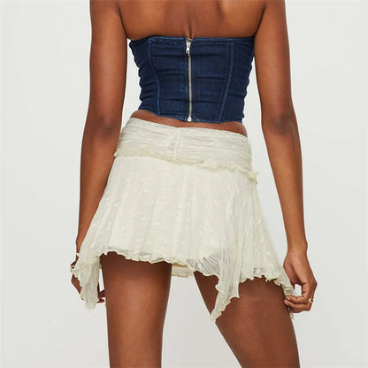Falda Y2K para mujer, ropa de verano, color sólido, cintura alta, volantes irregulares, dobladillo de encaje, minifaldas, faldas de los años 2000, ropa de calle