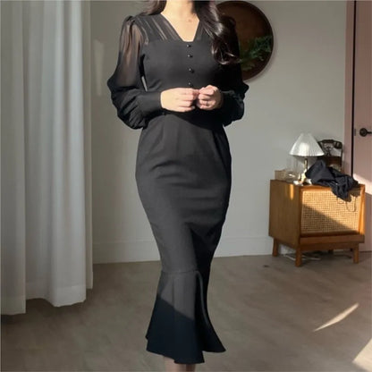 Vestidos midi ajustados de moda coreana para mujer, vestido de fiesta de sirena de oficina con cola de pez y manga larga de retazos de malla