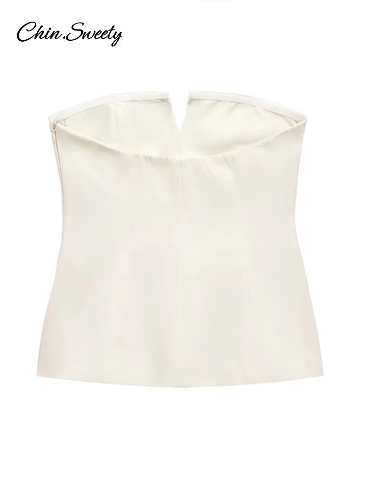Elegante top corto con hombros descubiertos para mujer, liso, sin espalda, con cremallera, tipo tubo, para oficina, verano 2025