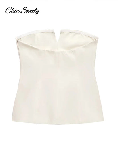 Elegante top corto con hombros descubiertos para mujer, liso, sin espalda, con cremallera, tipo tubo, para oficina, verano 2025
