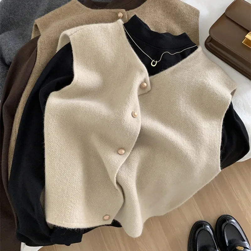 Cárdigan de otoño para mujer, suéter coreano elegante de punto sin mangas, informal, ajustado, a la moda