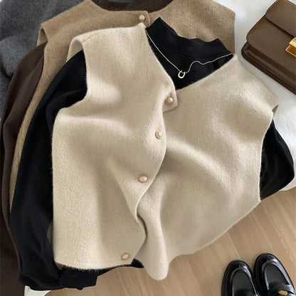 Cárdigan de otoño para mujer, suéter coreano elegante de punto sin mangas, informal, ajustado, a la moda
