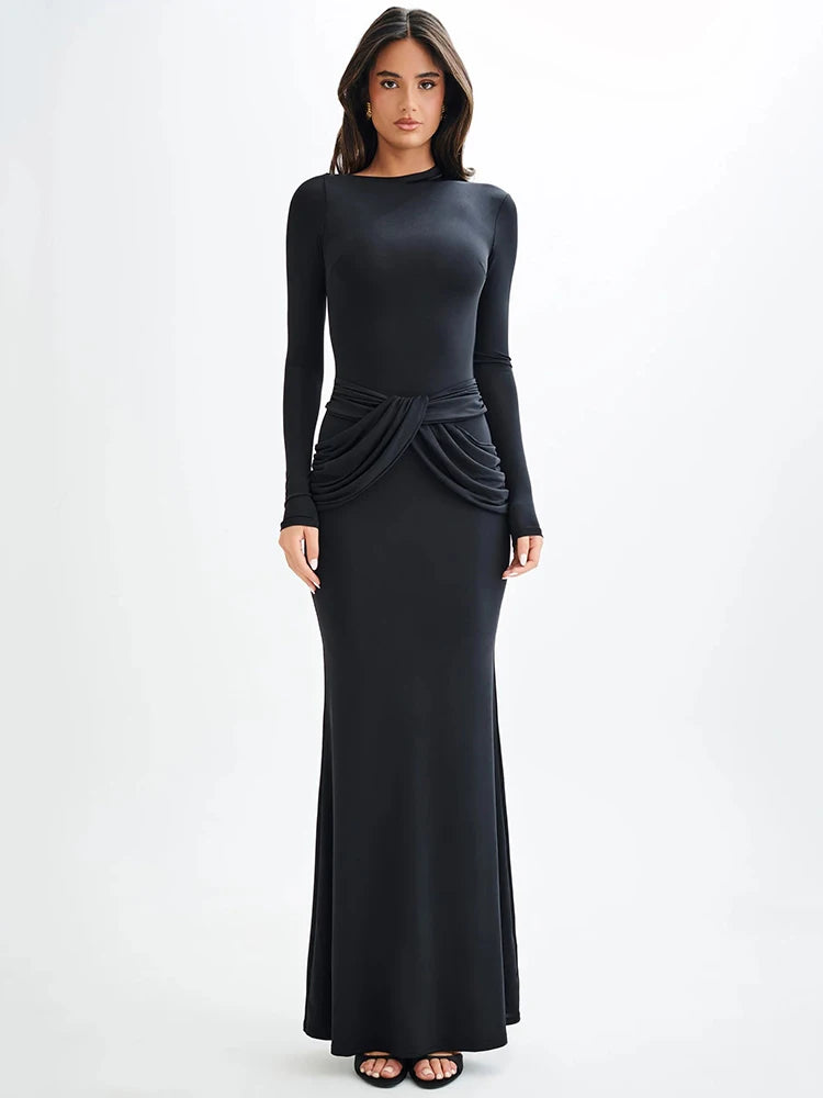 Diagonal Collar Long Sleeve Maxi Dress For Women Autumn Winter New Solid High Waist Ruched Bodycon Sexy Long Dress