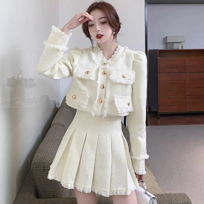 Elegante traje de tweed de dos piezas, conjunto de falda, otoño invierno, nuevo estilo francés, chaqueta corta, abrigo, minifalda, moda coreana, trajes femeninos