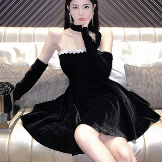 Minivestidos franceses vintage sin tirantes para mujer, con encaje de retazos, corte en A, para fiesta de noche, moda coreana Y2K, minivestidos para mujer
