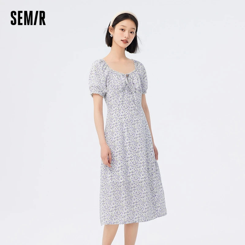 Vestido de gasa con abertura para mujer, romántico, nuevo, de verano, con cuello cuadrado Mori, vestido de té fragmentado.