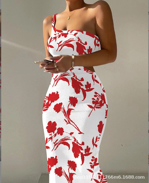 Vestidos estampados de un solo hombro con tirantes finos para mujer, vestidos sexis con abertura en la espalda, paquete de cadera, vestido ajustado, moda para dama, vestidos modernos para mujer