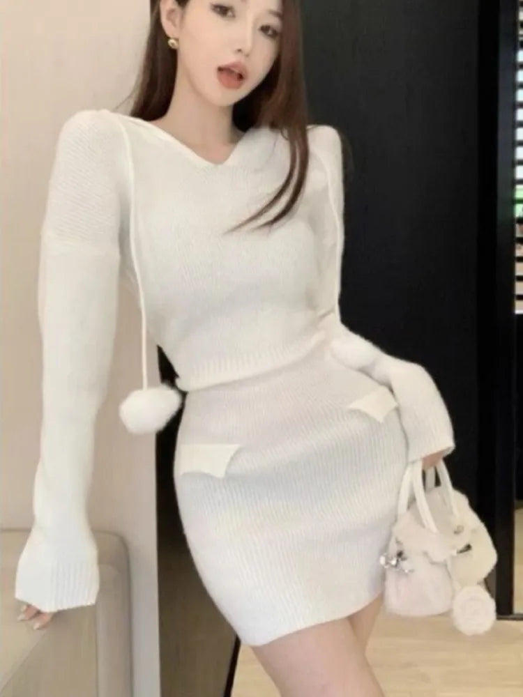 Vestidos de punto de otoño para mujer, sudaderas con capucha, cuello en V, manga larga, ajustados, vestido corto, informal, coreano, elegante, nuevo