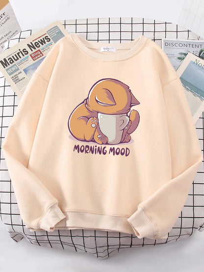 Sudadera con capucha de gato mirando la taza, bonita sudadera de moda para mujer, sudadera de forro polar con cuello redondo, sudaderas casuales, jersey de gran tamaño, ropa deportiva