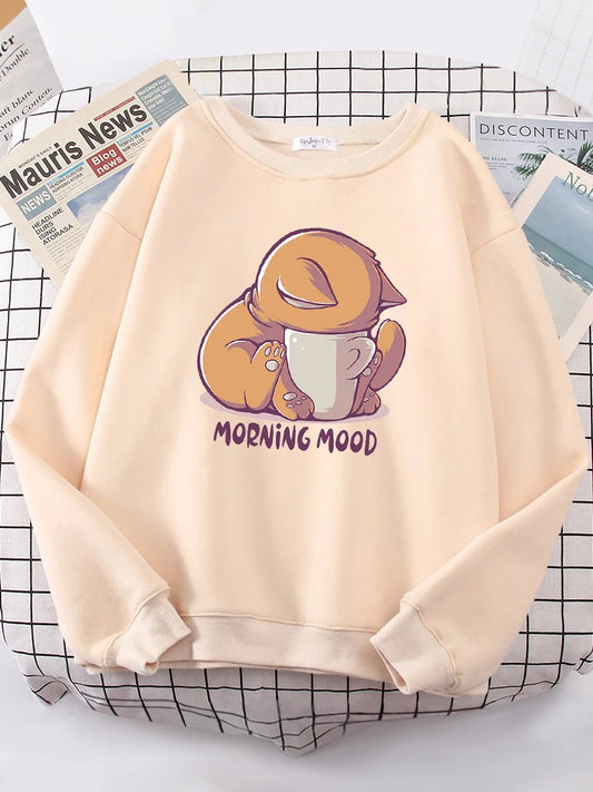 Sudadera con capucha de gato mirando la taza, bonita sudadera de moda para mujer, sudadera de forro polar con cuello redondo, sudaderas casuales, jersey de gran tamaño, ropa deportiva