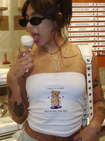 Top de corsé blanco sin mangas de verano con estampado de letras de oso bonito, top corto sexy ajustado para mujer, ropa de moda con lazo de encaje, ropa de mujer