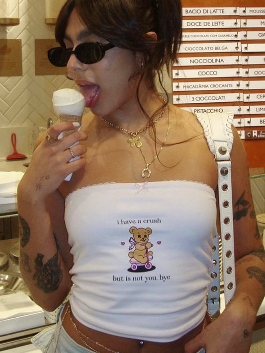 Top de corsé blanco sin mangas de verano con estampado de letras de oso bonito, top corto sexy ajustado para mujer, ropa de moda con lazo de encaje, ropa de mujer