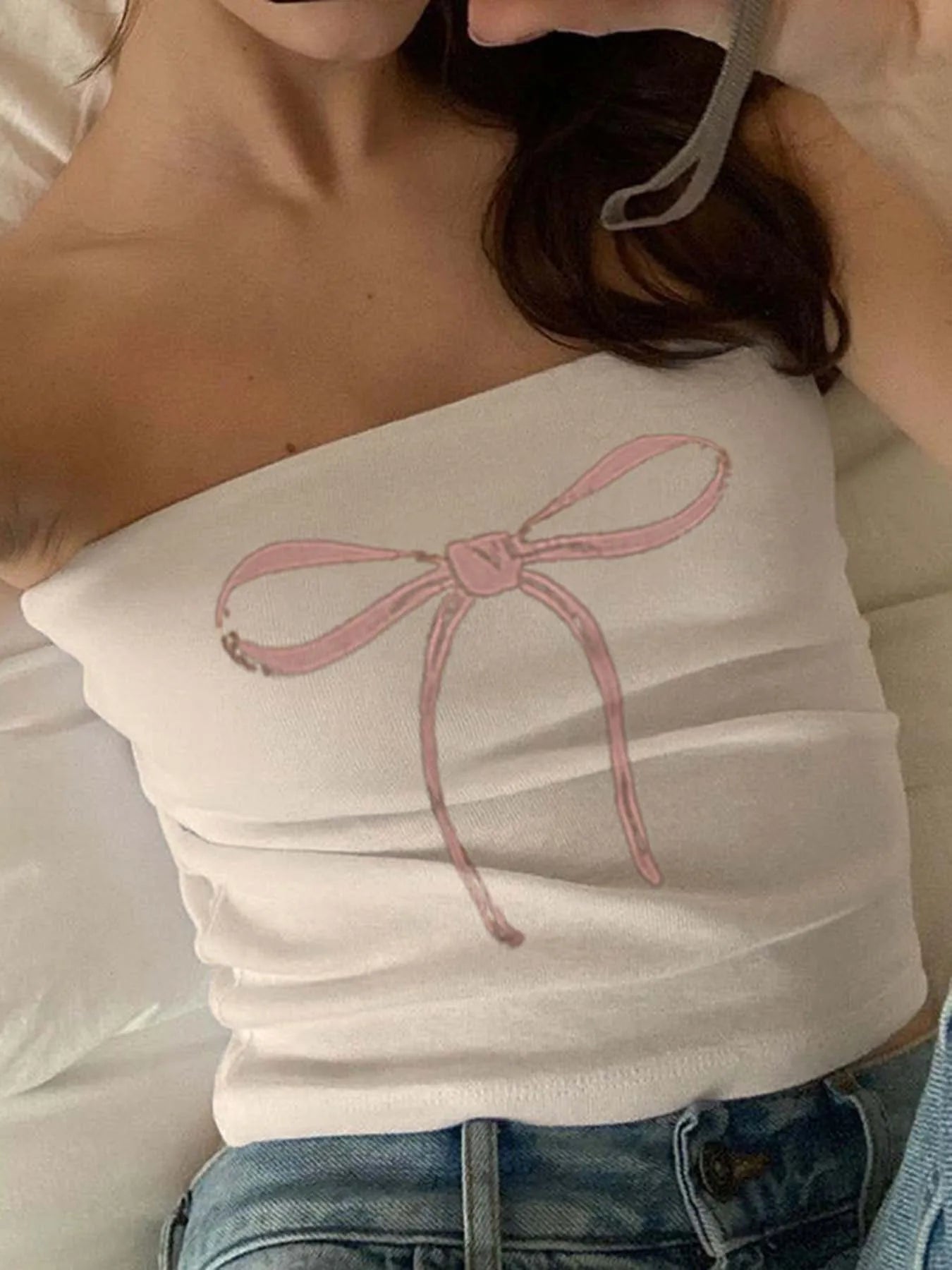 Top tubo sin tirantes con estampado de lazo Y2K para mujer, top corto kawaii de los años 2000, ropa de calle de verano