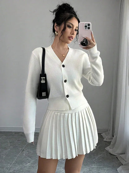 Conjunto de dos piezas de suéter de punto retro de manga larga con falda plisada de cintura alta para mujer, conjuntos sólidos a juego de nicho, otoño nuevo