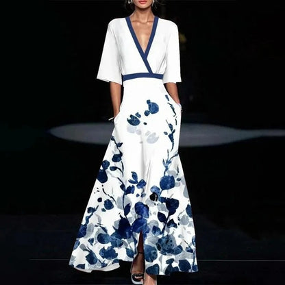 Fashion Print Party Long Dresses Women V-neck Half Sleeves Temperament Elegant A-line Evening Dress Female New Commuting Vestido
