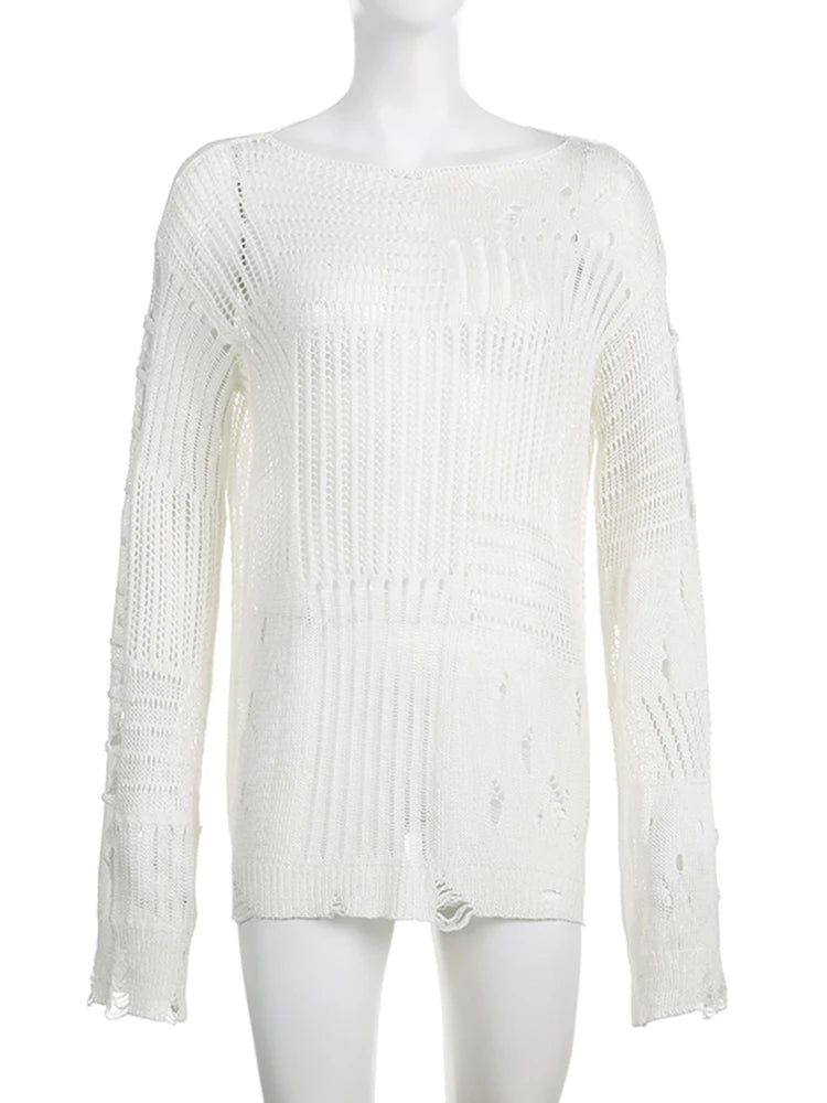Ripped Women Full Length Pullovers Knitting Loose Casual Beggar Style Hollow Out Lady T-shirt Harajuku Streetwear Y2K