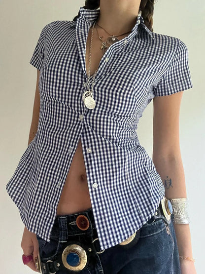 American Retro Casual Short Sleeve Plaid Shirts For Women Button Up Turn Down Collar Summer Spring Preppy Tops