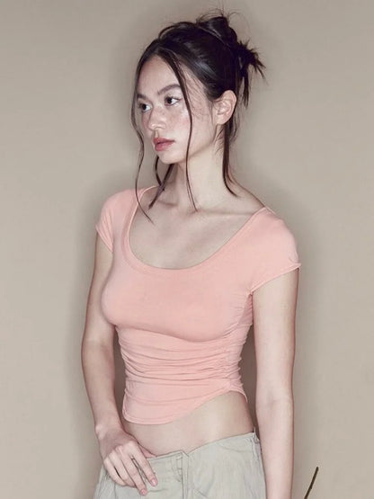 Solid T Shirts For Women Clothes Shirred Crop Top Short Sleeve Ropa De Mujer Skinny Y2k Accessories Camisetas Casual Outfits