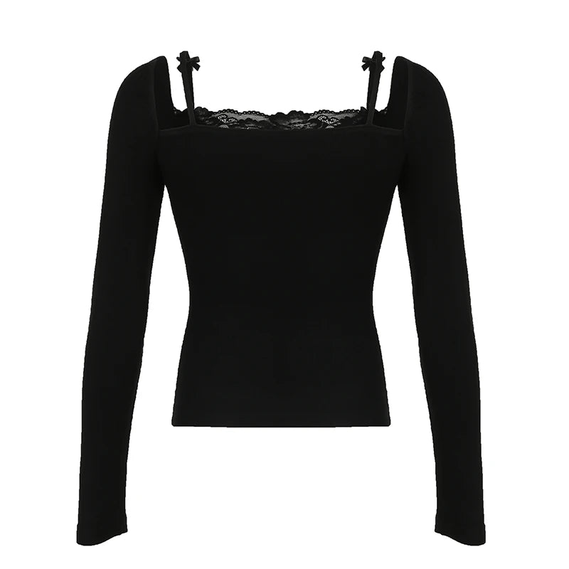 Camisetas de dos piezas para mujer, lindas y bonitas, con ribete de encaje liso, de manga larga, ropa suave y moderna de otoño.