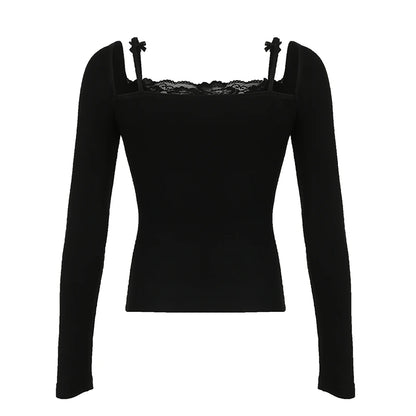 Camisetas de dos piezas para mujer, lindas y bonitas, con ribete de encaje liso, de manga larga, ropa suave y moderna de otoño.