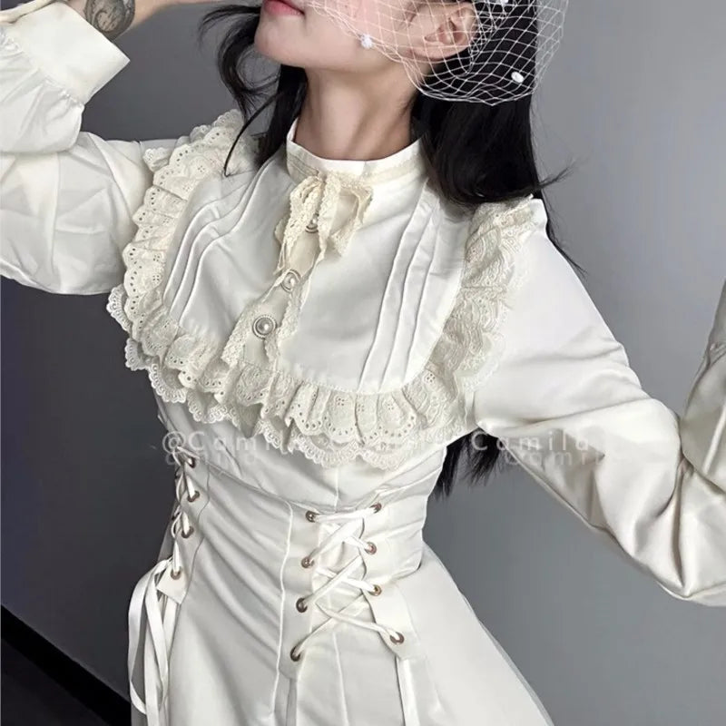Vestidos midi estilo japonés Kawaii con cordones para mujer, vestido de fiesta de princesa, manga larga, cuello redondo, cintura alta, Y2K, vestidos góticos para mujer