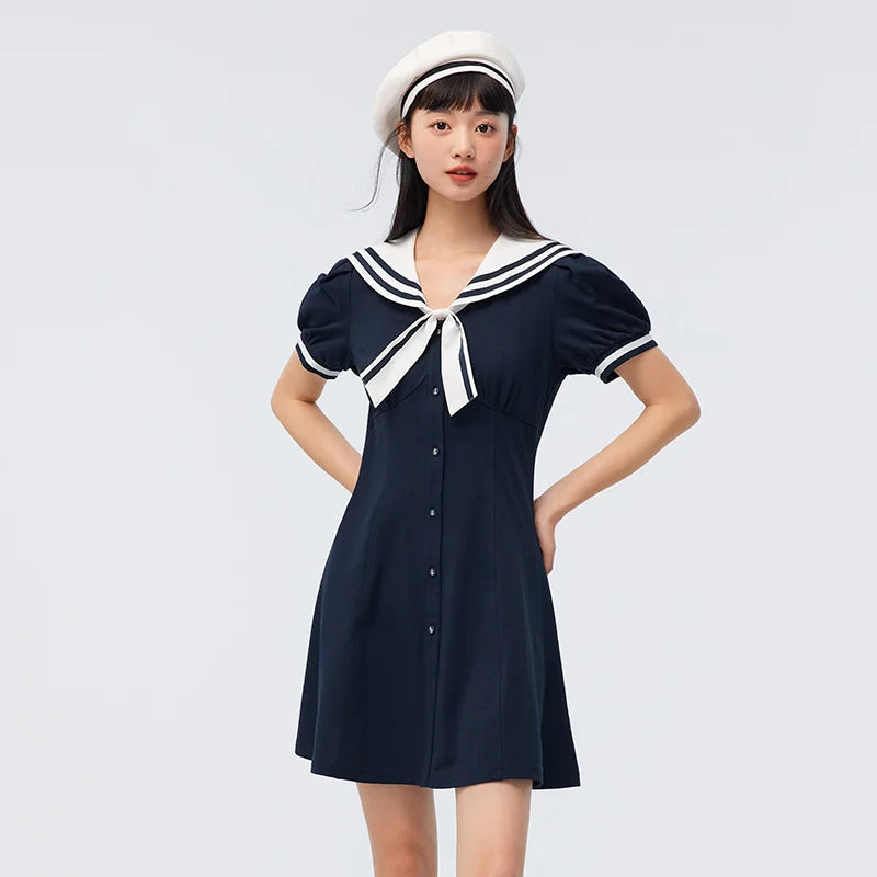 Vestido de verano para mujer, con mangas abullonadas, dulce, nuevo, con temperamento en contraste, cuello azul marino, vestido de primer amor, estilo academia.