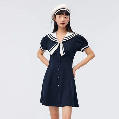 Vestido de verano para mujer, con mangas abullonadas, dulce, nuevo, con temperamento en contraste, cuello azul marino, vestido de primer amor, estilo academia.