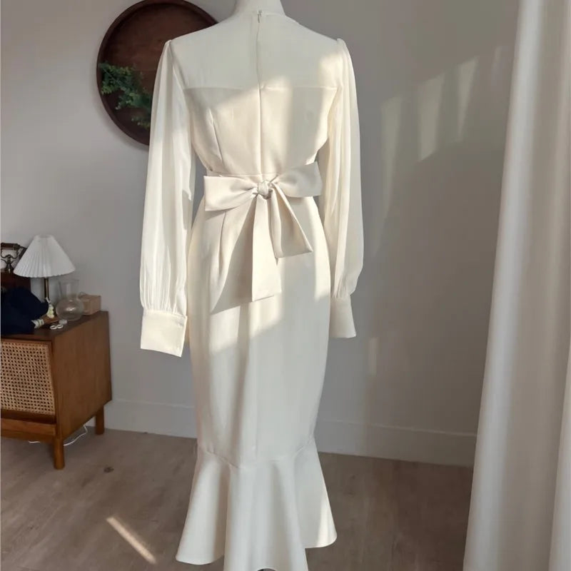 Vestidos midi ajustados de moda coreana para mujer, vestido de fiesta de sirena de oficina con cola de pez y manga larga de retazos de malla