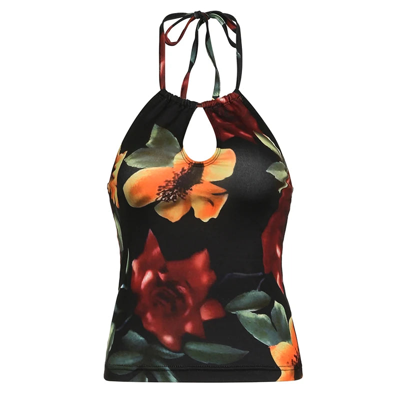 Vintage Floral Print Backless Cami Top Cut Out Front Women Sexy Halter Tank Tops Y2K Fashion Slim Vest Summer Outfits