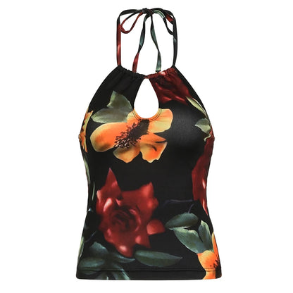 Vintage Floral Print Backless Cami Top Cut Out Front Women Sexy Halter Tank Tops Y2K Fashion Slim Vest Summer Outfits