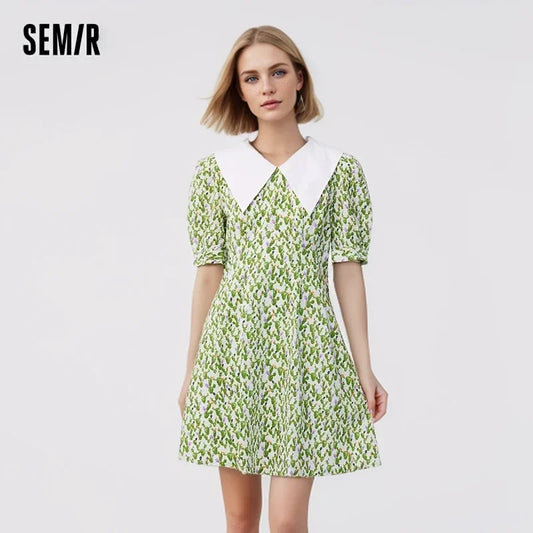 Dress Women Contrast Color Big Lapel Summer New Full Print Waist Textured Skirt Fresh For Women