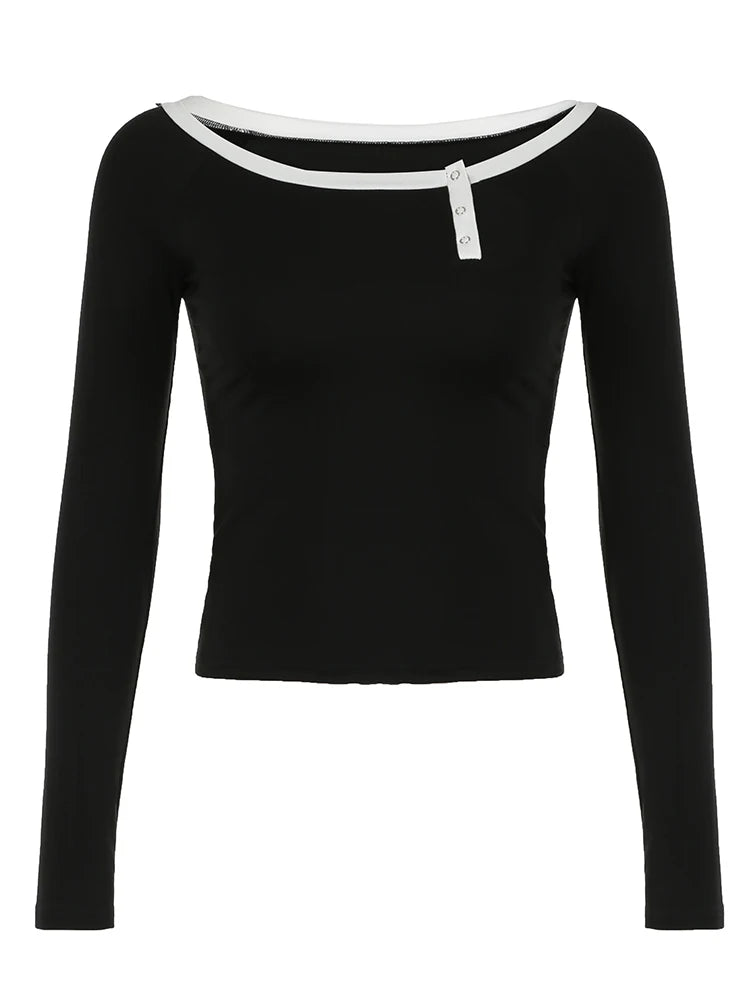 Contrast Binding Off Shoulder O Neck Slim Long Sleeve Basic Black T Shirt Women Asymmetric Button Up Chic Fashion Streetwear Tee