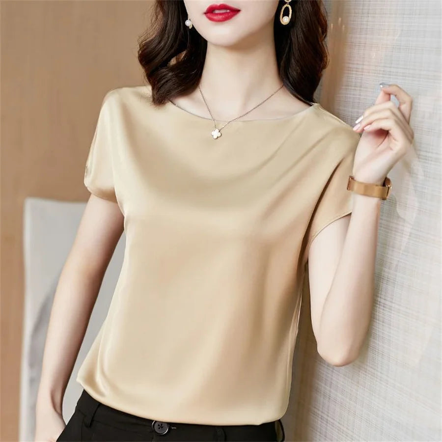 Blusas de oficina de verano de manga corta con cuello redondo, blusa de satén, camisas para mujer, camisas casuales lisas y holgadas, blusas DF4904