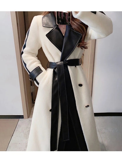 Autumn Winter Chic Woolen Coat Women Patchwork Long Jackets with Belt Lapel Korean Fashion Female Outerwear New Soft Overcoat