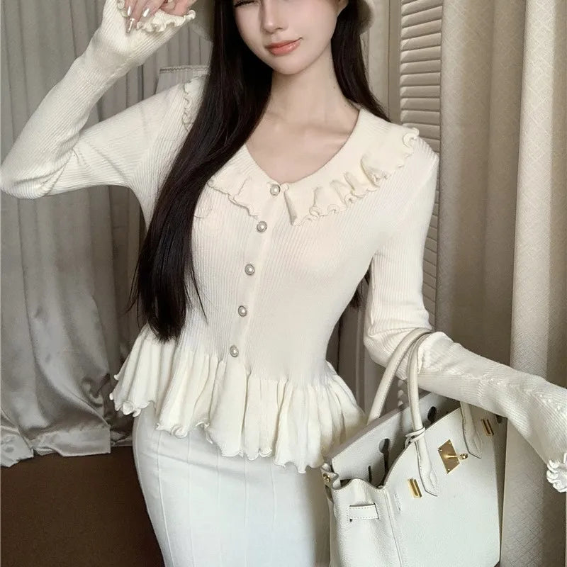 Autumn Winter Knitted 2-Piece Sets Women Ruffles Tops Bodycon Fishtail Skirt Slim Solid Knitwear Outfits Korean Fashion Suit